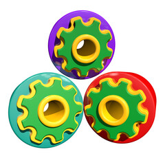 Three colorful gear shaped dog toys arranged in a triangle against a black background