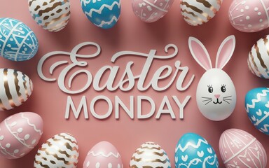 Festive easter monday greeting with colorful decorated eggs and a cute bunny egg on a pink background