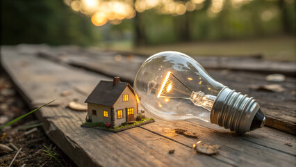 Small illuminated house model placed near glowing light bulb on wooden surface at sunset symbolizing sustainable energy, eco home design, innovation and efficient renewable power solutions
