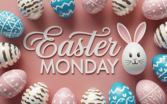 Festive easter monday greeting with colorful decorated eggs and a cute bunny egg on a pink background - Powered by Adobe