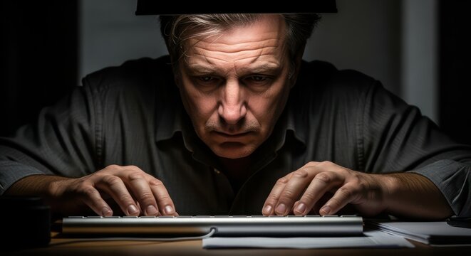 Intense concentration on work at night is expressed by the man writing code