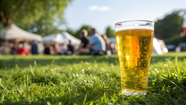 Glass of cold beer standing on green grass in summer park with blurred people and tents in background during outdoor festival perfect for leisure, lifestyle and beverage promotions