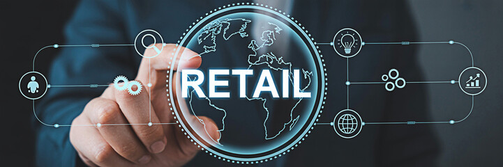 Man touching retail global network interface with icons representing business and technology