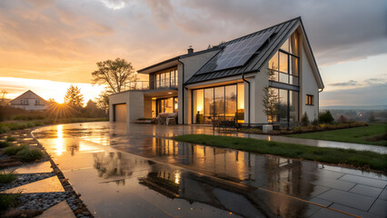 Modern eco friendly family house with solar panels on roof at sunset after rain with reflections on wet terrace symbolizing sustainable living, renewable energy and smart green home architecture
