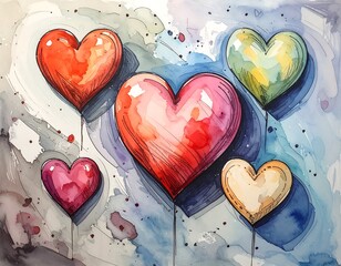 Colorful heart balloons watercolor art