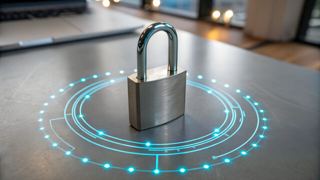 Metal padlock standing on table surface surrounded by glowing blue digital circuit pattern symbolizing cybersecurity, encryption, personal data protection, safe technology access and privacy defense