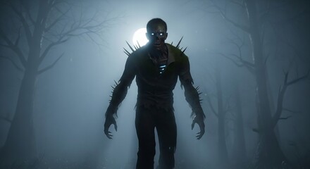 Creepy zombie creature in a dark forest under the moonlight. Perfect for Halloween-themed designs, horror games, and spooky event promotions.  Sinister and eerie vibe.