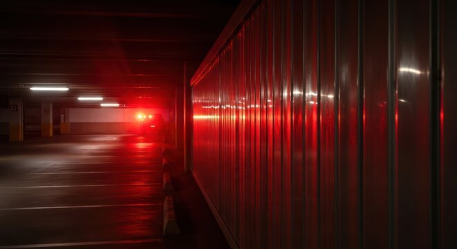 Underground parking structure with reflective surfaces and a vibrant red glow filling the dark space