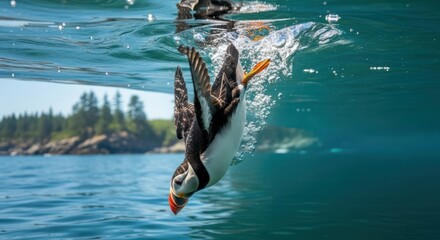 Graceful seabird plunges into tranquil waters, hunting fish with determination in serene nature