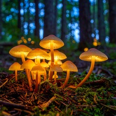 Illuminated mushrooms in forest