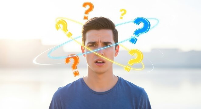 Man overwhelmed by questions and uncertainty conceptualizing decision paralysis and analysis fatigue