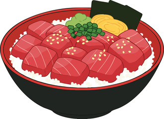 A cartoon image of a bowl of tuna donburi, a Japanese rice bowl dish.