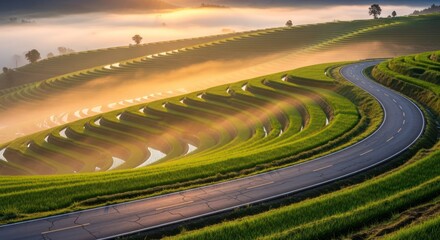 Serene rice terraces with misty sunrise and winding road landscape view