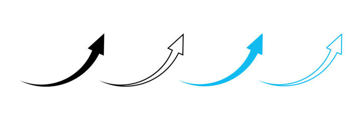 An arrow curved up to the right in the silhouette, contour, black, and blue variants. A simple graphic element is isolated on white for design, direction indication, navigation. A set of pointer icons