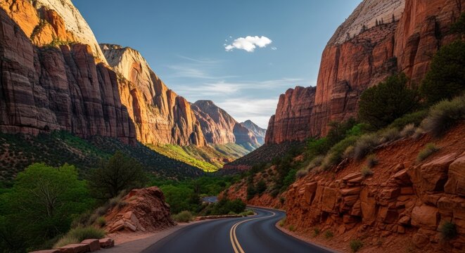 Winding road meanders through towering red rock formations under a clear blue sky, with sunlight illuminating the textured canyon walls and highlighting the vibrant green vegetation, showcasing a...
