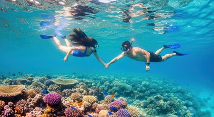 Romantic underwater exploration: Couple snorkeling in vibrant coral reef ecosystems