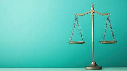 Golden justice scale with empty pans, symbolizing law, balance, and equality, set against a vibrant blue backdrop
