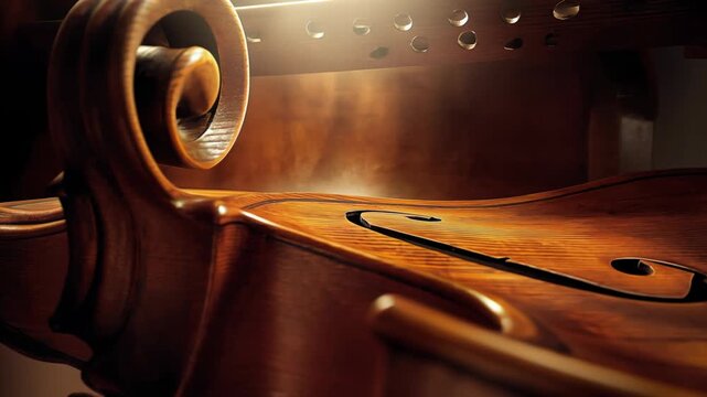 Warm studio macro glides across a handcrafted violin, revealing glowing varnish, curving f‑holes and elegant wood grain&mdash;a sensual tribute to craft, sound, and tradition that fits music brands, worksho