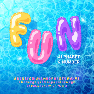 Summer inflatable ring alphabet and font. Glossy Vector Letters and Numbers Floating in Pool Water, Bright 3D Cartoon Symbols for Vacation, Party, Poster and Holiday Design