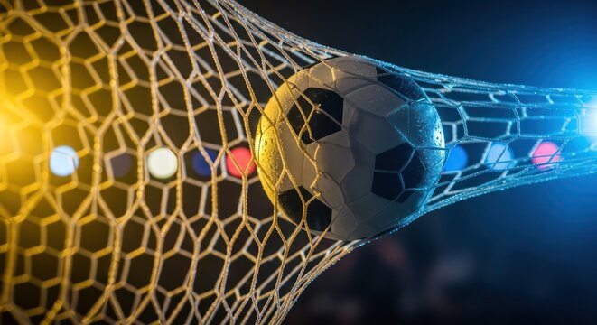 Dynamic close up of soccer ball hitting the back of the net, bathed in vibrant colorful light