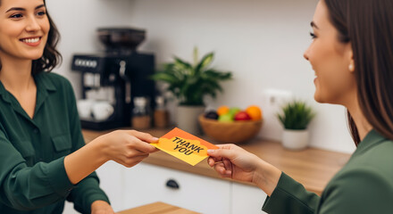Woman receiving thank you card with a smile in the kitchen