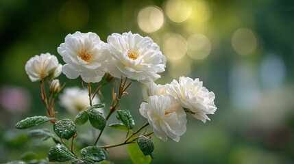 Fototapeta premium White rose blooms close up in a home garden with lush foliage and soft green bokeh background, natural floral macro with copy space for greeting cards, wedding decor, posters, and botanical branding