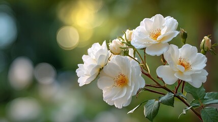 Obraz premium White rose blooms close up in a home garden with lush foliage and soft green bokeh background, natural floral macro with copy space for greeting cards, wedding decor, posters, and botanical branding