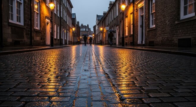 Cobblestone reflections: urban streetscape glowing with lamplight after rainfall at dusk
