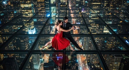 Elegant tango duo dancing above a dazzling urban expanse mirrored on clear surface