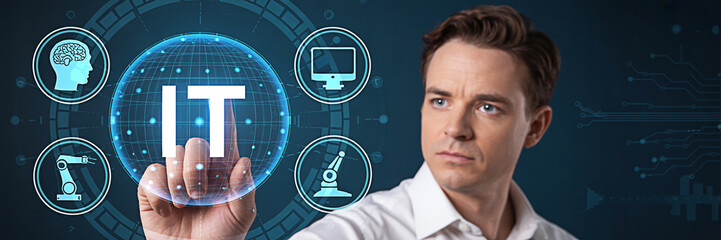 Man interacting with a digital IT interface representing technology and artificial intelligence concepts