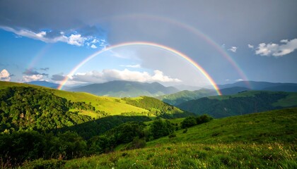 Double rainbow over lush mountain range