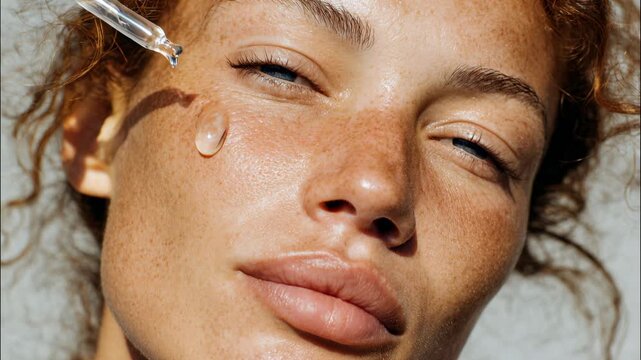 Glassy serum drop lands on radiant skin, dewy highlights sparkling in macro&mdash;premium self‑care moment perfect for skincare launches, beauty tutorials and wellness brands focused on hydration, glow and 