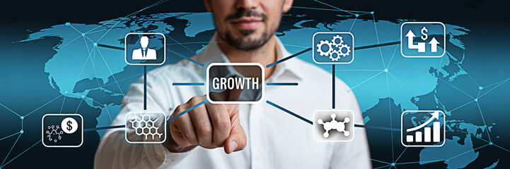 Businessman touching growth icon on a digital interface with global network connections shown