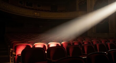 Illuminated red seats in vintage theater, spotlight shining on stage and balcony