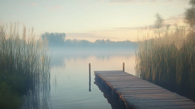 Misty morning scene at lake with wooden dock extending into calm waters for serene peaceful relaxing nature landscape scenic beauty inspiration concept