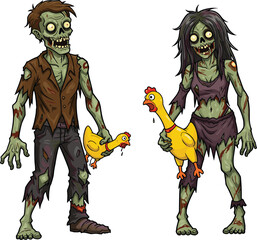 Zombie couple cartoon, funny undead characters, Halloween humor illustration, green skin monsters, rubber chicken parody, spooky horror comedy artwork, creepy night scene