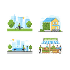 Naklejka premium Illustrations depicting sustainable living practices, including cycling, eco-friendly homes, electric cars, and zero-waste markets.