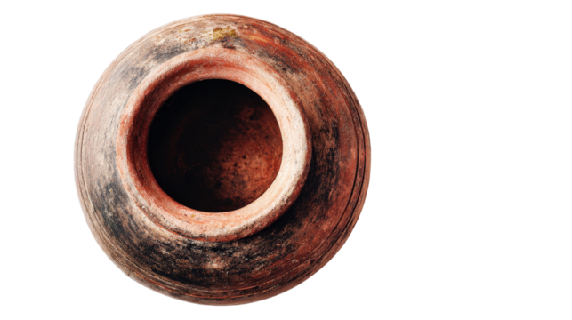 High angle view of traditional clay pot from above, clean isolated on a Transparent background, PNG file.