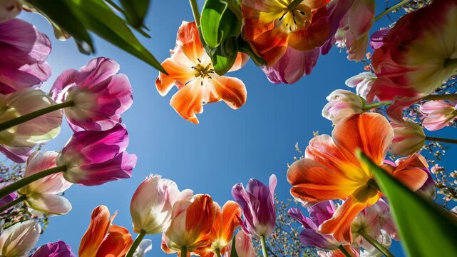 Crowd of tulips frames the sky in playful perspective, a kaleidoscope of coral and gold—perfect for event teasers, floral packaging and upbeat social edits where vibrancy, joy and immersive nature do 