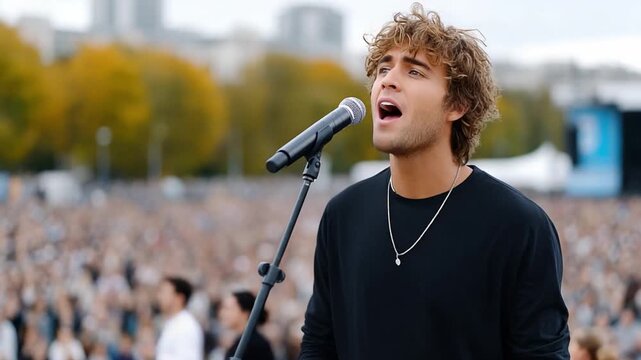 The Song of Passion: A male singer, caught mid-performance, pouring his heart into his song, the microphone amplifying his resonant voice against the backdrop of a vast, appreciative audience.