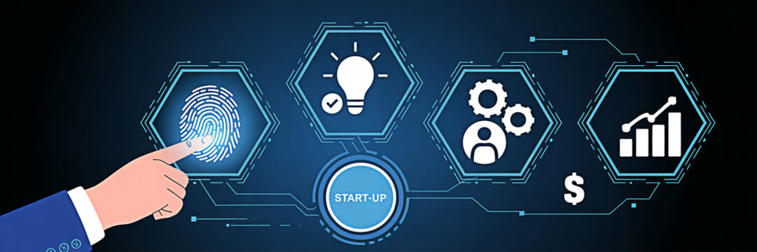 Hand activating startup process with fingerprint scan idea generation team building and growth metrics