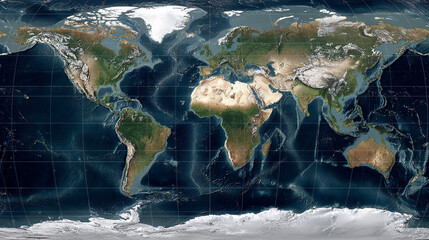 A physical world map projection showing the Earths continents oceans and polar ice caps in detail This map illustrates global topography and bathymetry with a grid of latitude and longitude lines,