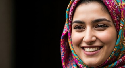 Radiant portrait of a young woman in a colorful hijab brimming with joyful expression