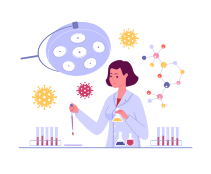 Scientist in White Coat Conducting Research in Laboratory with Microbes and Molecular Structures