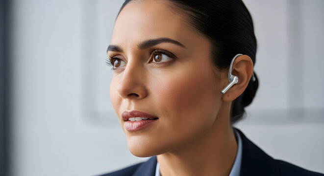 Businesswoman with wireless headset looking away from the camera.