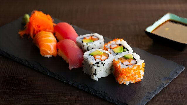 Vibrant Sushi Platter on Black Slate with High Detail
