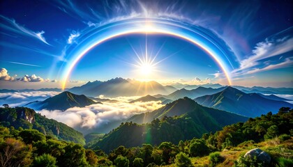 Double rainbow over mountain peaks at sunrise