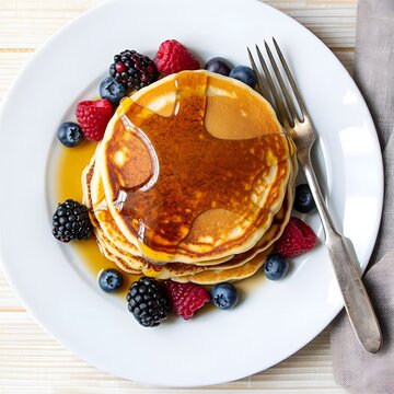 Top-Down View of Pancakes with Maple Syrup and Fresh Berries