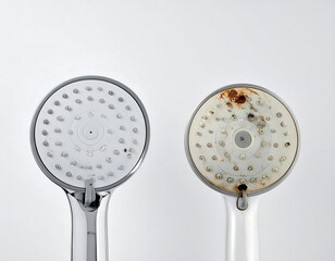 Before & after cleaning a showerhead; mineral buildup comparison