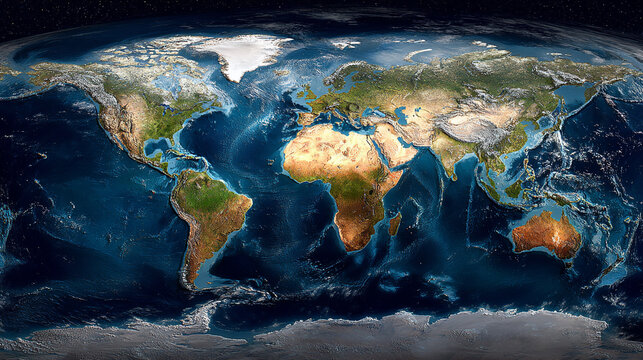 A complete physical world map with detailed topography and ocean bathymetry set against a starry space background